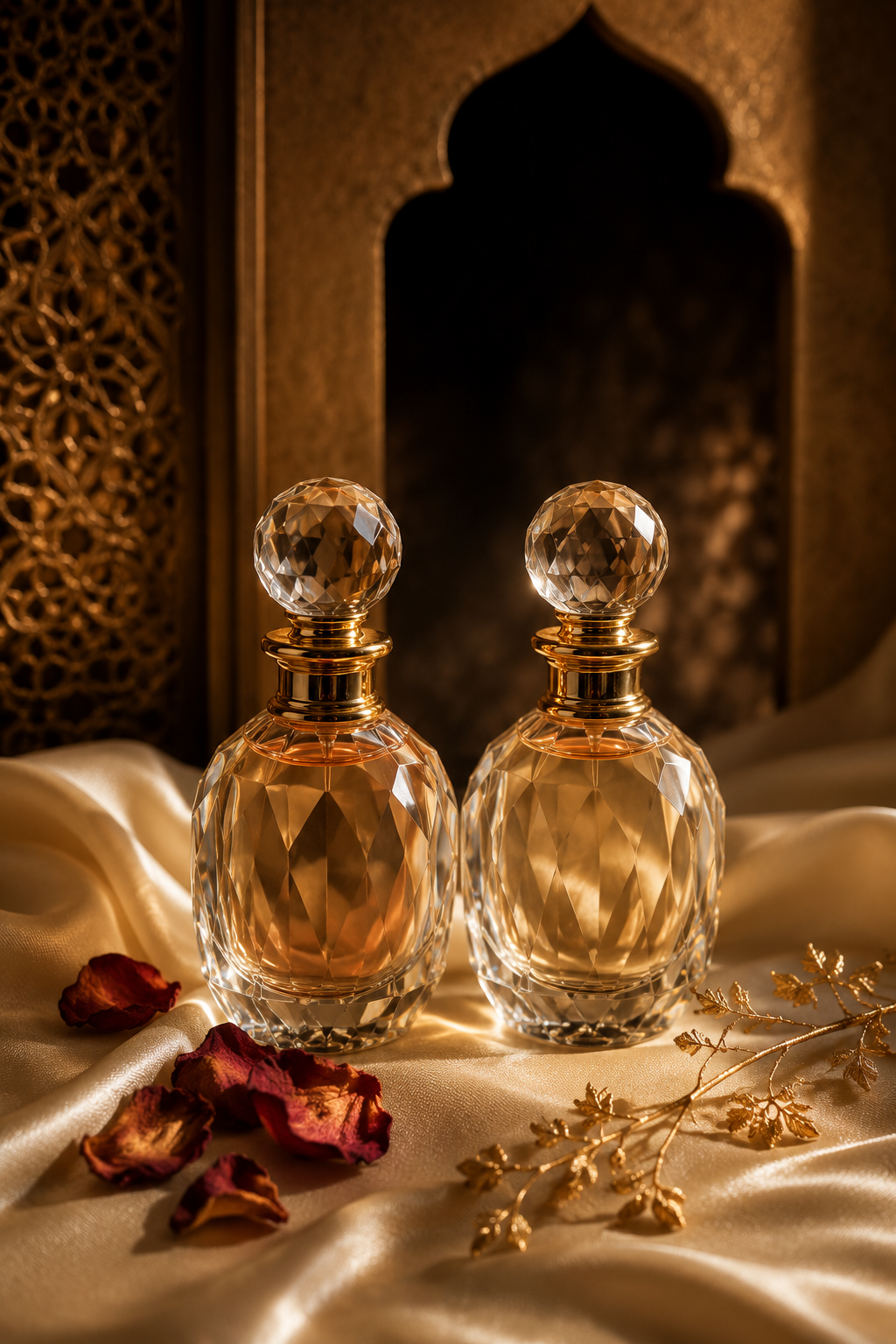 Two signature Naila Maison flacons, a tribute to the founding sisters